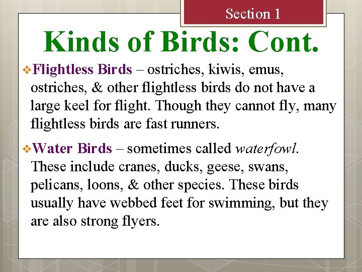 Section 1 Kinds of Birds: Cont. v. Flightless Birds – ostriches, kiwis, emus, ostriches,