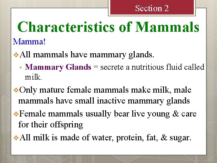 Section 2 Characteristics of Mammals Mamma! v. All mammals have mammary glands. • Mammary