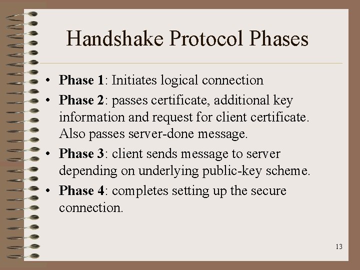 Handshake Protocol Phases • Phase 1: Initiates logical connection • Phase 2: passes certificate, Handshake Protocol Phases • Phase 1: Initiates logical connection • Phase 2: passes certificate,