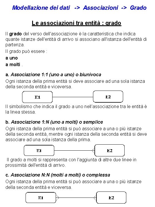 Modellazione dei dati -> Associazioni -> Grado Le associazioni tra entità : grado Il