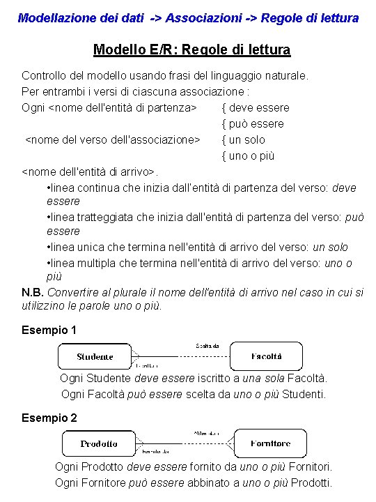 Modellazione dei dati -> Associazioni -> Regole di lettura Modello E/R: Regole di lettura