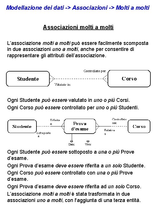 Modellazione dei dati -> Associazioni -> Molti a molti Associazioni molti a molti L’associazione