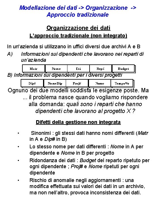 Modellazione dei dati -> Organizzazione -> Approccio tradizionale Organizzazione dei dati L’approccio tradizionale (non Modellazione dei dati -> Organizzazione -> Approccio tradizionale Organizzazione dei dati L’approccio tradizionale (non