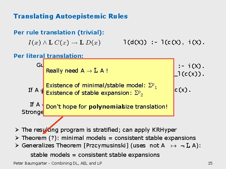 Translating Autoepistemic Rules Per rule translation (trivial): l(d(X)) : - l(c(X), i(X). Per literal