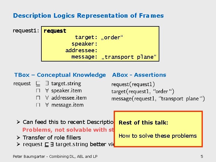 Description Logics Representation of Frames request 1: request target: „order“ speaker: addressee: message: „transport