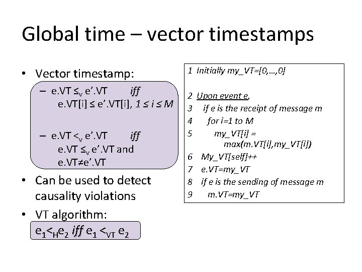 Global time – vector timestamps • Vector timestamp: – e. VT ≤v e’. VT Global time – vector timestamps • Vector timestamp: – e. VT ≤v e’. VT
