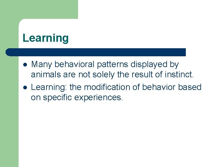 Learning l l Many behavioral patterns displayed by animals are not solely the result