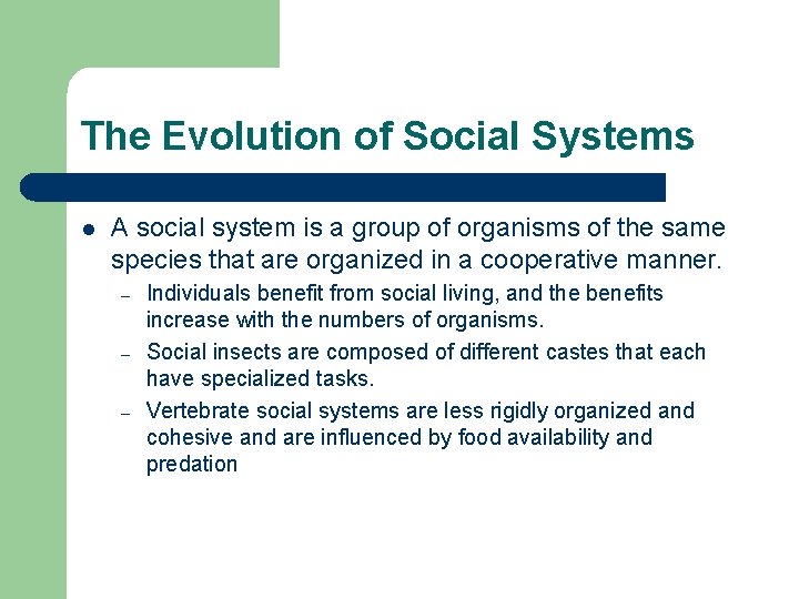 The Evolution of Social Systems l A social system is a group of organisms