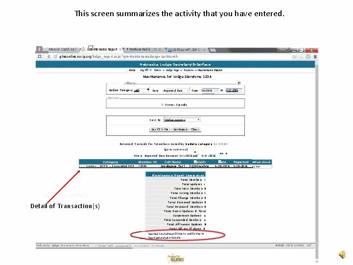 This screen summarizes the activity that you have entered. n Masonic Gra 1·d Loci