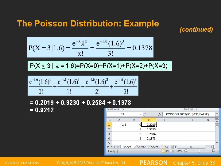 The Poisson Distribution: Example (continued) P(X ≤ 3 | = 1. 6)=P(X=0)+P(X=1)+P(X=2)+P(X=3) = 0.