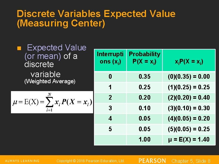 Discrete Variables Expected Value (Measuring Center) n Expected Value (or mean) of a discrete