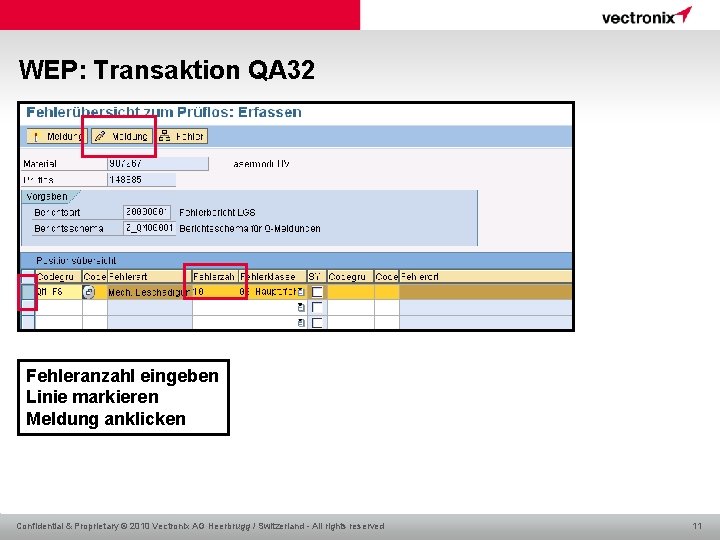 WEP: Transaktion QA 32 Fehleranzahl eingeben Linie markieren Meldung anklicken Confidential & Proprietary ©