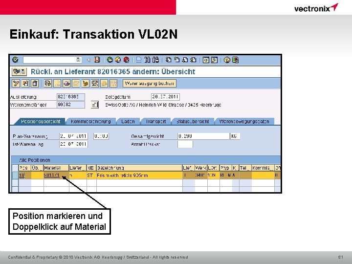 Einkauf: Transaktion VL 02 N Position markieren und Doppelklick auf Material Confidential & Proprietary