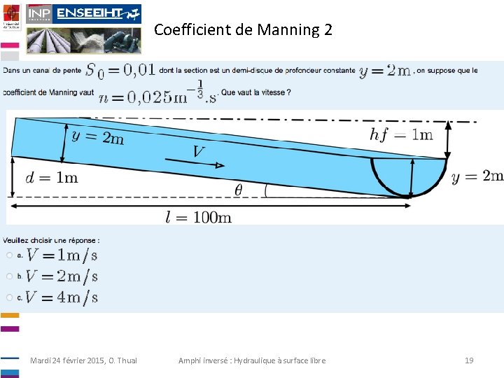 Coefficient de Manning 2 Mardi 24 février 2015, O. Thual Amphi inversé : Hydraulique