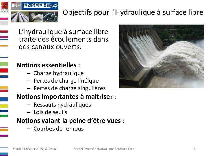 Objectifs pour l’Hydraulique à surface libre L’hydraulique à surface libre traite des écoulements dans