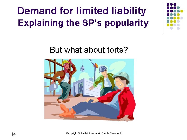 Demand for limited liability Explaining the SP’s popularity But what about torts? 14 Copyright