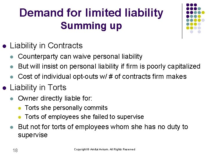 Demand for limited liability Summing up l Liability in Contracts l l Counterparty can