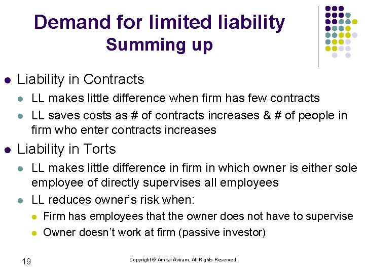 Demand for limited liability Summing up l Liability in Contracts l l l LL