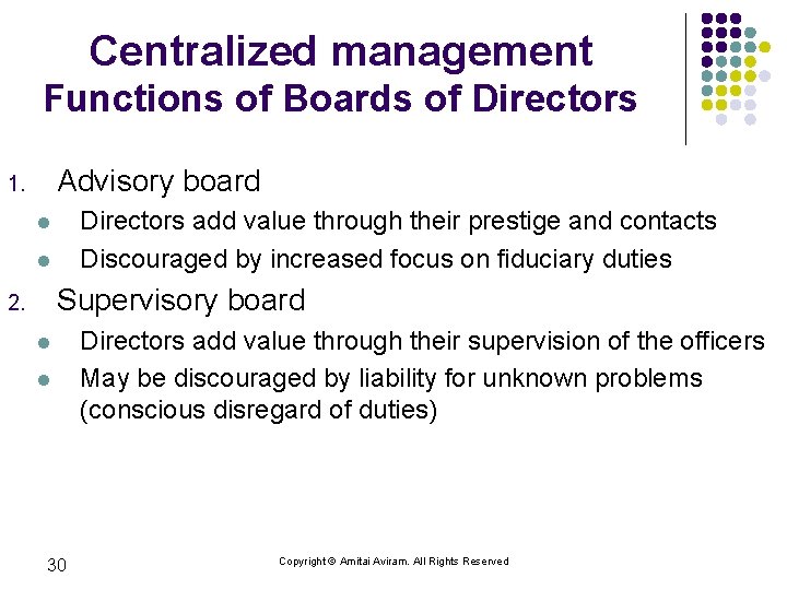 Centralized management Functions of Boards of Directors Advisory board 1. Directors add value through