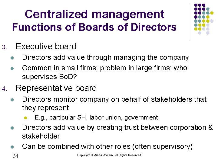 Centralized management Functions of Boards of Directors Executive board 3. Directors add value through