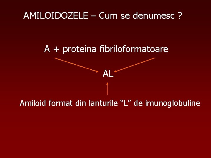 AMILOIDOZELE – Cum se denumesc ? A + proteina fibriloformatoare AL Amiloid format din