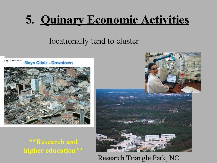 5. Quinary Economic Activities -- locationally tend to cluster **Research and higher education** Research