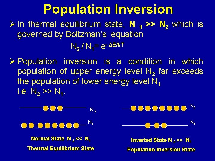 Population Inversion Ø In thermal equilibrium state, N 1 >> N 2 which is