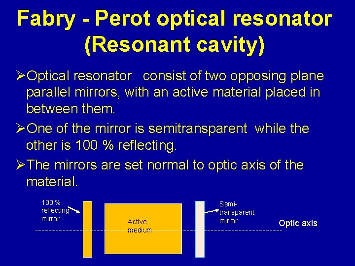 Fabry - Perot optical resonator (Resonant cavity) ØOptical resonator consist of two opposing plane