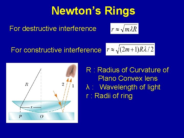 Newton’s Rings For destructive interference For constructive interference R : Radius of Curvature of