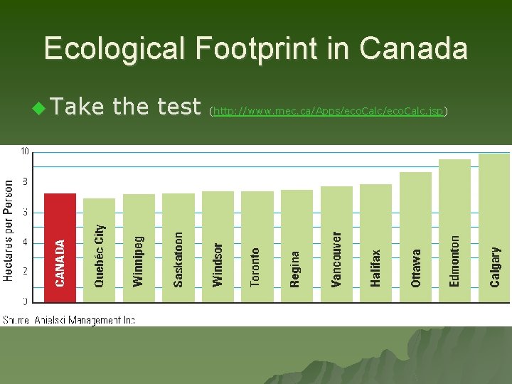 Ecological Footprint in Canada u Take the test (http: //www. mec. ca/Apps/eco. Calc. jsp)