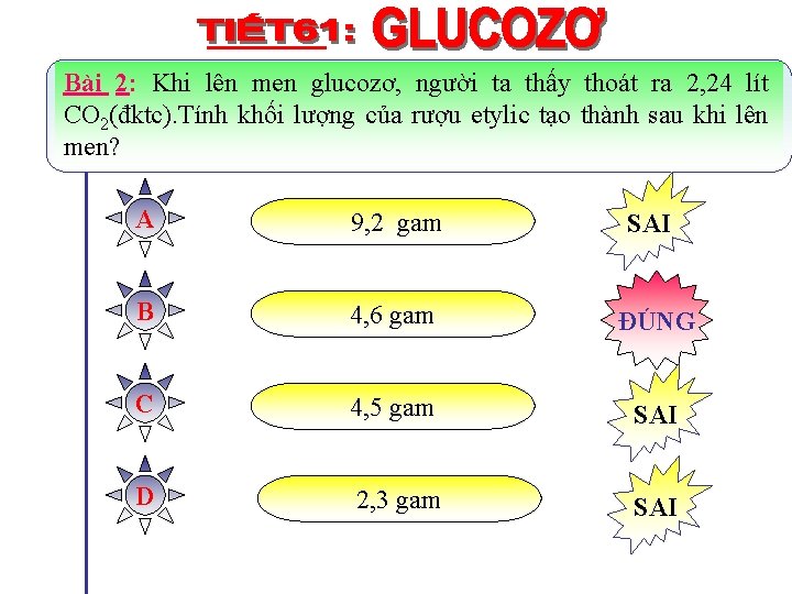 Bài 2: Khi lên men glucozơ, người ta thấy thoát ra 2, 24 lít