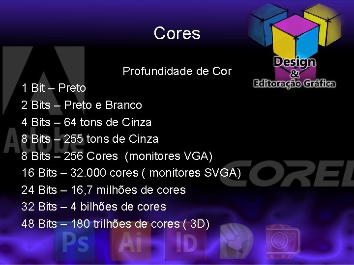 Cores Profundidade de Cor 1 Bit – Preto 2 Bits – Preto e Branco