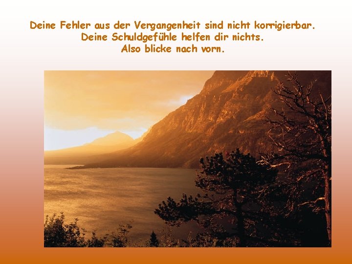 Deine Fehler aus der Vergangenheit sind nicht korrigierbar. Deine Schuldgefühle helfen dir nichts. Also Deine Fehler aus der Vergangenheit sind nicht korrigierbar. Deine Schuldgefühle helfen dir nichts. Also