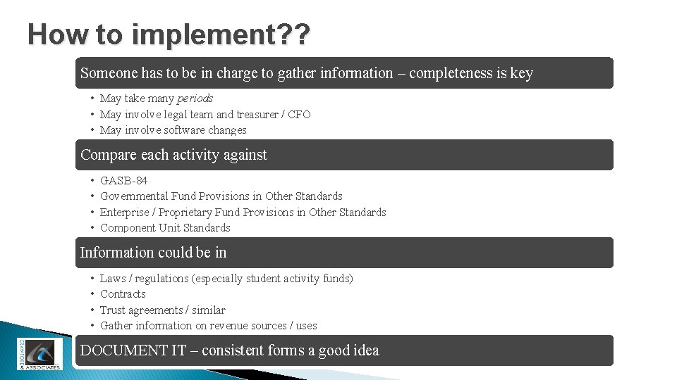 How to implement? ? Someone has to be in charge to gather information –