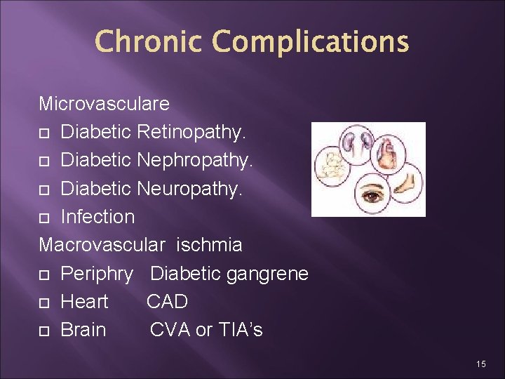 Microvasculare Diabetic Retinopathy. Diabetic Nephropathy. Diabetic Neuropathy. Infection Macrovascular ischmia Periphry Diabetic gangrene Heart