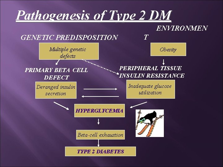 Pathogenesis of Type 2 DM ENVIRONMEN T GENETIC PREDISPOSITION Multiple genetic defects PRIMARY BETA-CELL