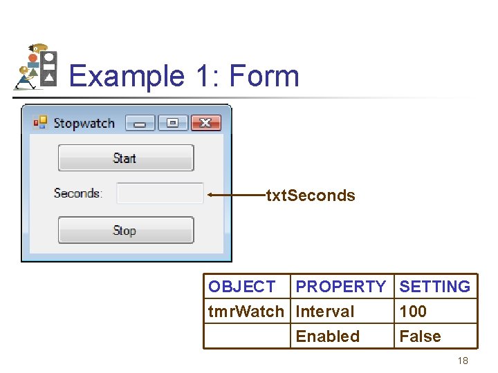 Example 1: Form txt. Seconds OBJECT PROPERTY SETTING tmr. Watch Interval 100 Enabled False