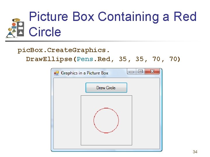 Picture Box Containing a Red Circle pic. Box. Create. Graphics. Draw. Ellipse(Pens. Red, 35,