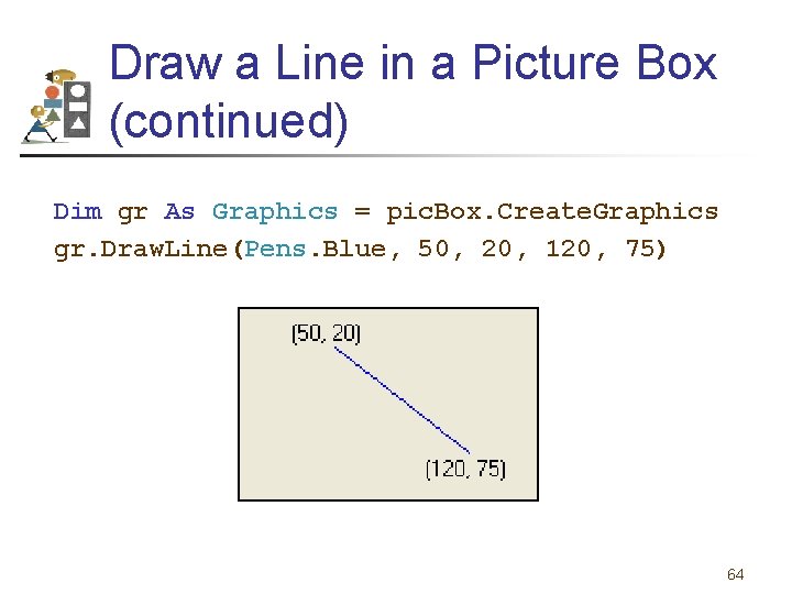 Draw a Line in a Picture Box (continued) Dim gr As Graphics = pic.