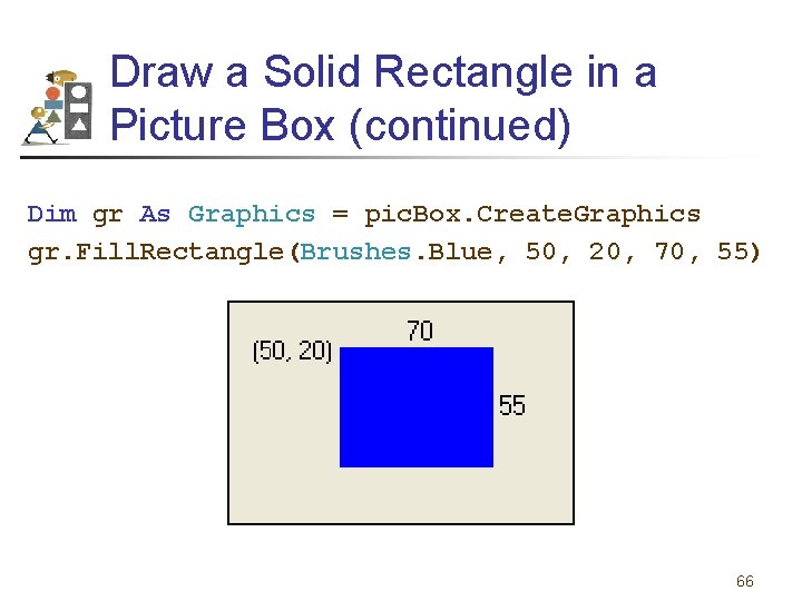 Draw a Solid Rectangle in a Picture Box (continued) Dim gr As Graphics =
