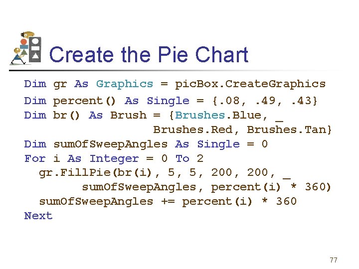 Create the Pie Chart Dim gr As Graphics = pic. Box. Create. Graphics Dim