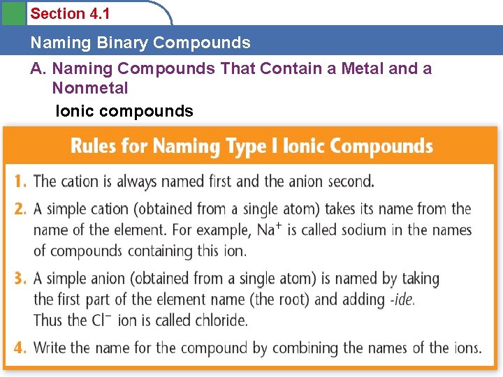 Section 4. 1 Naming Binary Compounds A. Naming Compounds That Contain a Metal and