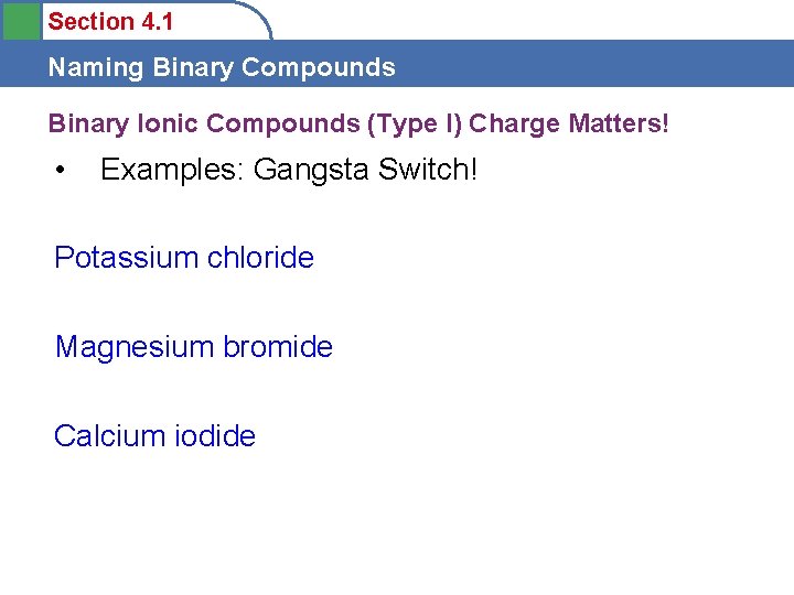 Section 4. 1 Naming Binary Compounds Binary Ionic Compounds (Type I) Charge Matters! •