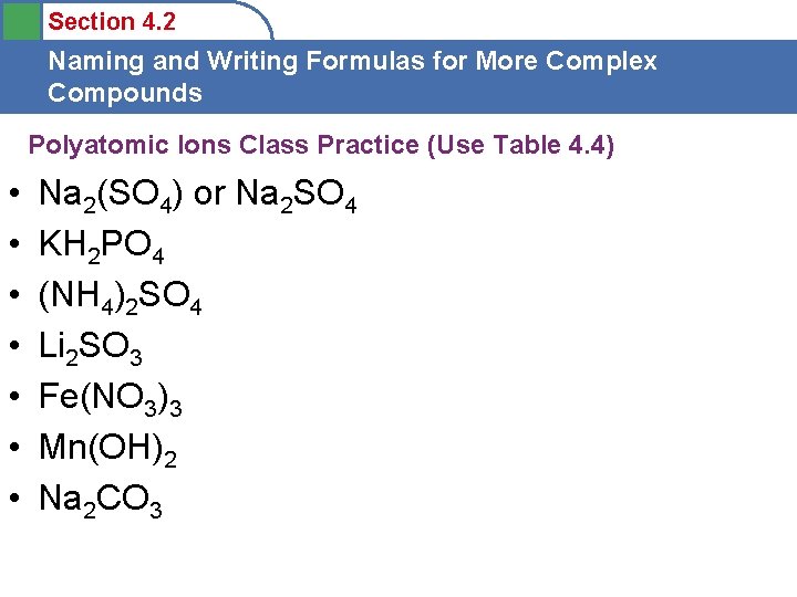 Section 4. 2 Naming and Writing Formulas for More Complex Compounds Polyatomic Ions Class