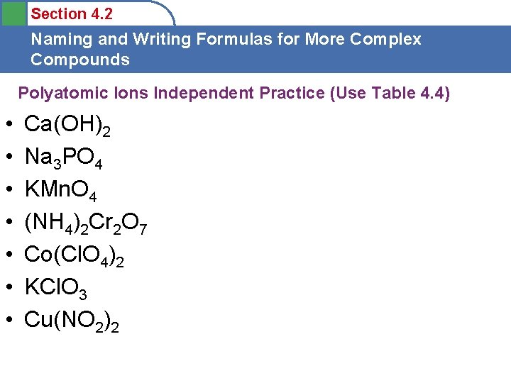 Section 4. 2 Naming and Writing Formulas for More Complex Compounds Polyatomic Ions Independent