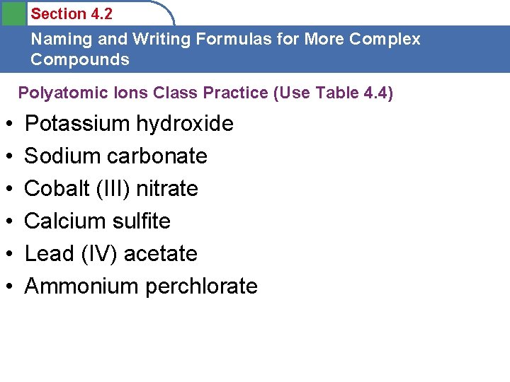 Section 4. 2 Naming and Writing Formulas for More Complex Compounds Polyatomic Ions Class