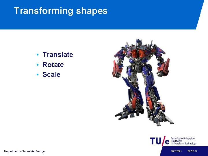 Transforming shapes • Translate • Rotate • Scale Department of Industrial Design 20 -2