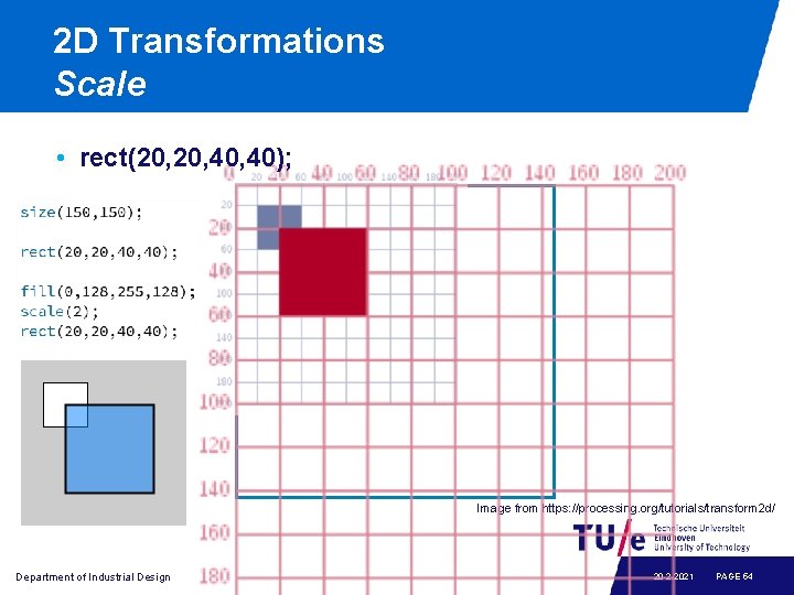 2 D Transformations Scale • rect(20, 40, 40); Image from https: //processing. org/tutorials/transform 2