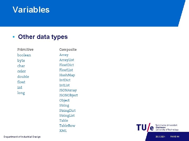 Variables • Other data types Department of Industrial Design 20 -2 -2021 PAGE 64