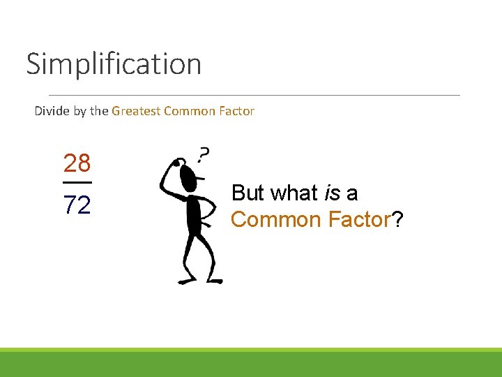 Simplification Divide by the Greatest Common Factor 28 72 But what is a Common